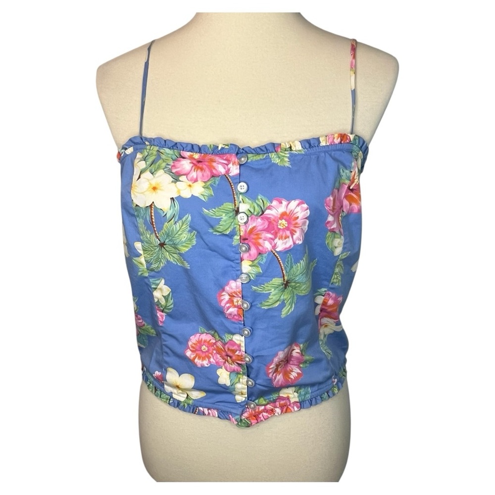 Vintage Ralph Lauren Floral Button Front Cami Top Blue Tropical Size M